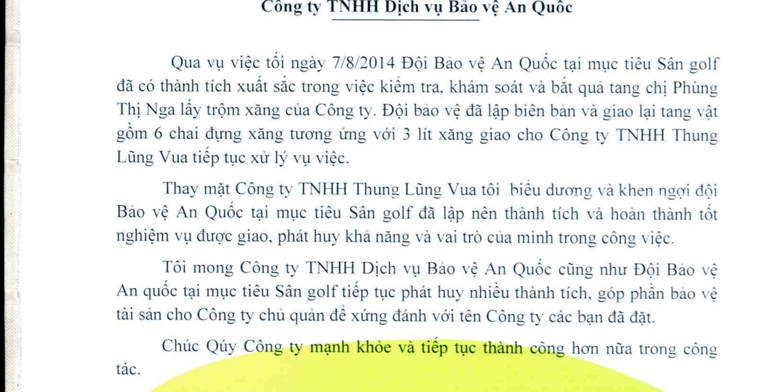 CÔNG TY TNHH THUNG LŨNG VUA biểu dương và khen ngợi đội bảo vệ AN QUỐC
